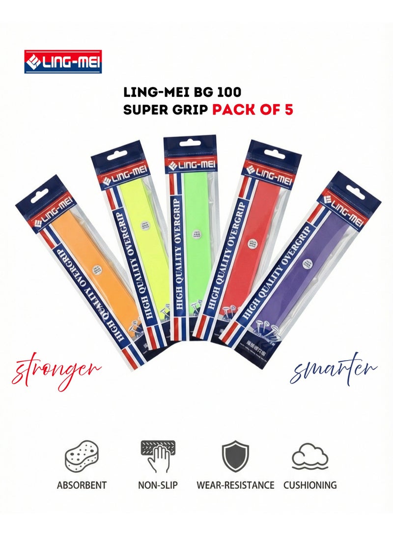 لينغ-مي LING-MEI BG 100 عبوة من 5 قطع شريط قبضة للمضرب بتصميم الموجة المفردة – مانع للانزلاق، مريح ومتين لمضرب تنس الريشة - Image 2